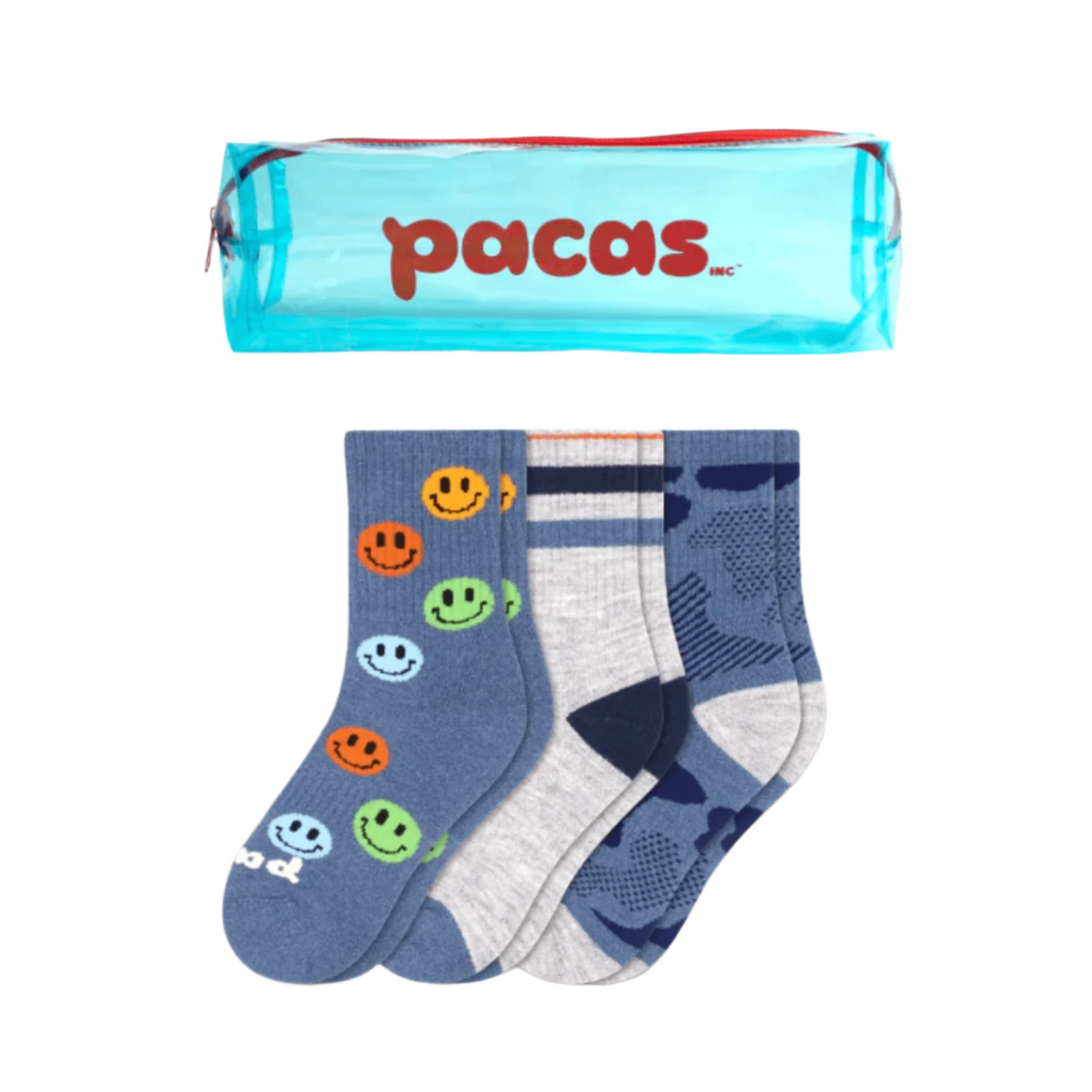 Pacas Kids' Crew Socks 3 Pack- Smiley/Double Stripe/Camo