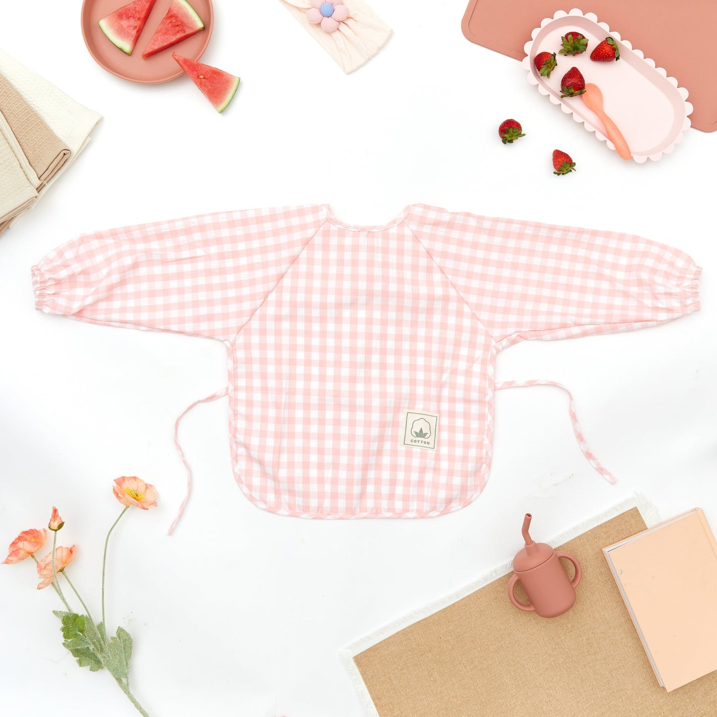 Classic Gingham Style Long-Sleeve Baby Smock in Flamingo