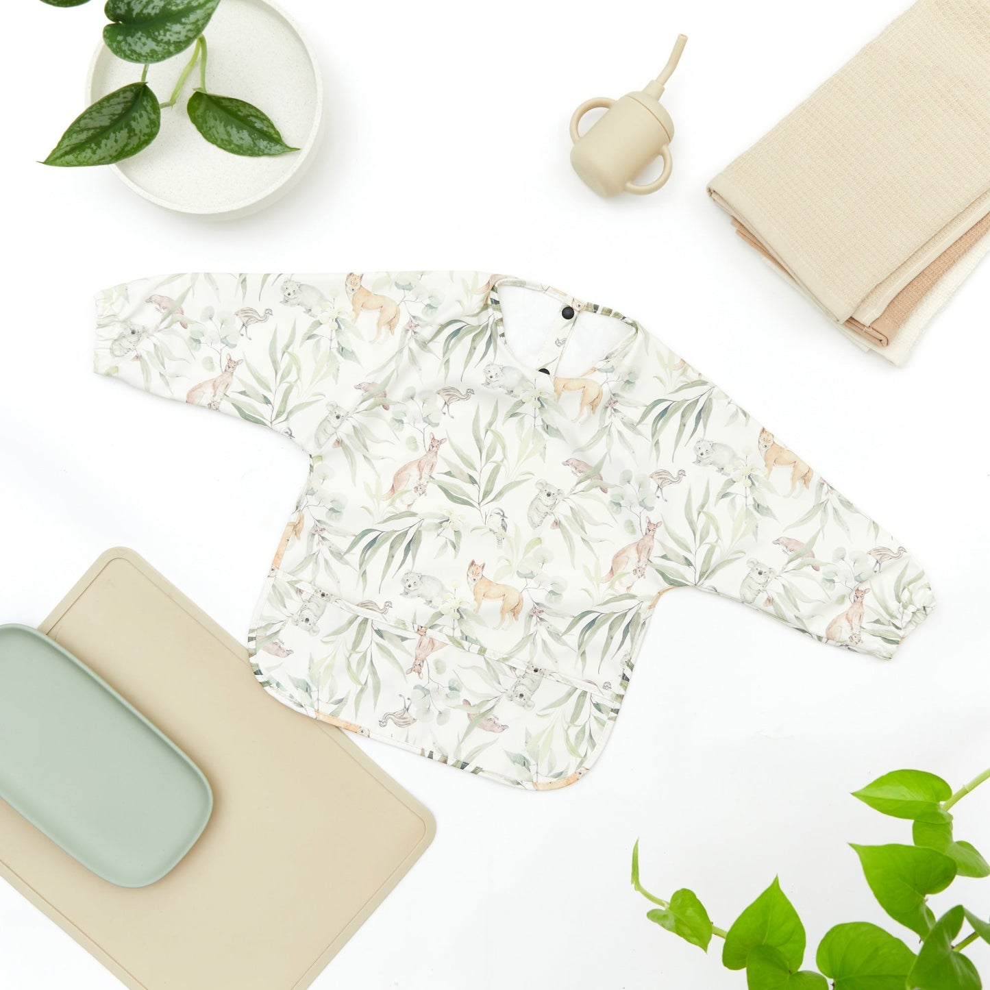 Waterproof Long Sleeve Baby Smock Bib in Cream Aussie Tails