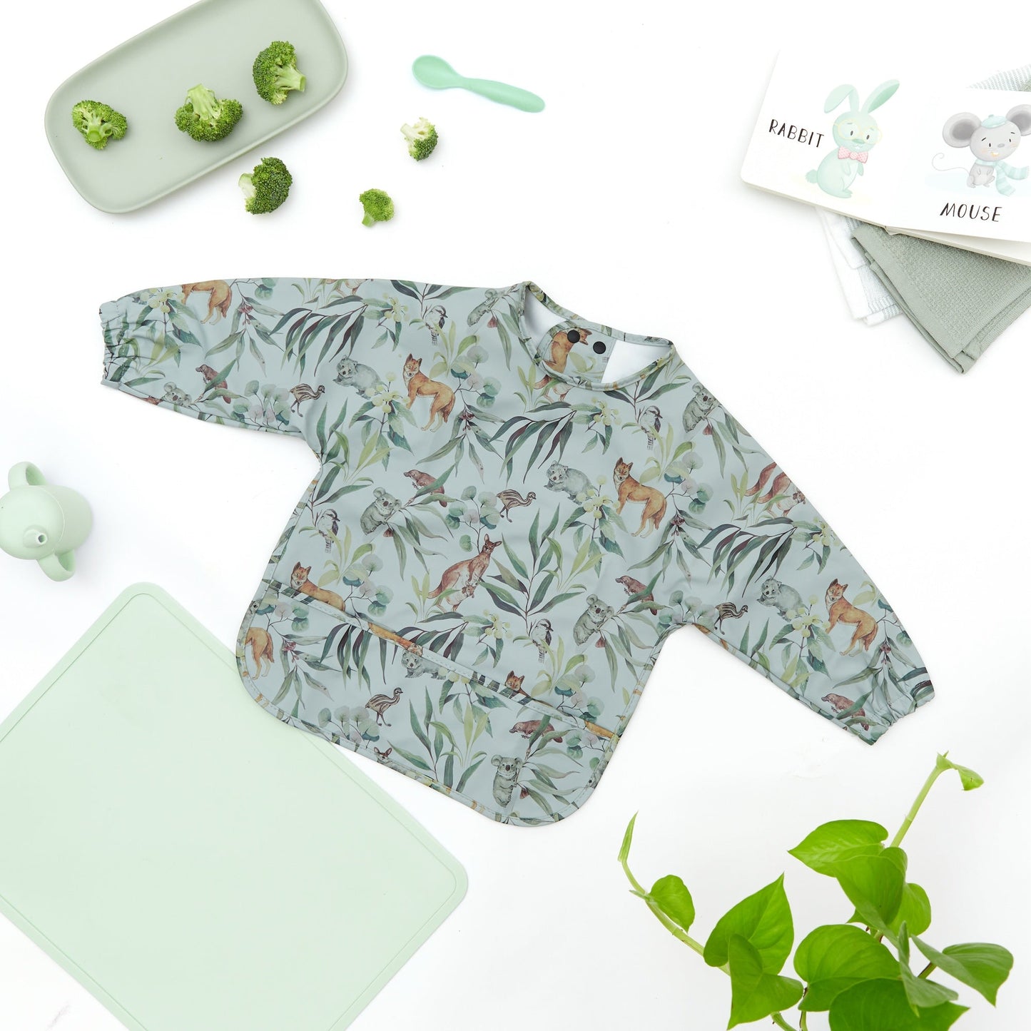 Waterproof Long Sleeve Baby Smock Bib in Little Aussie Tails