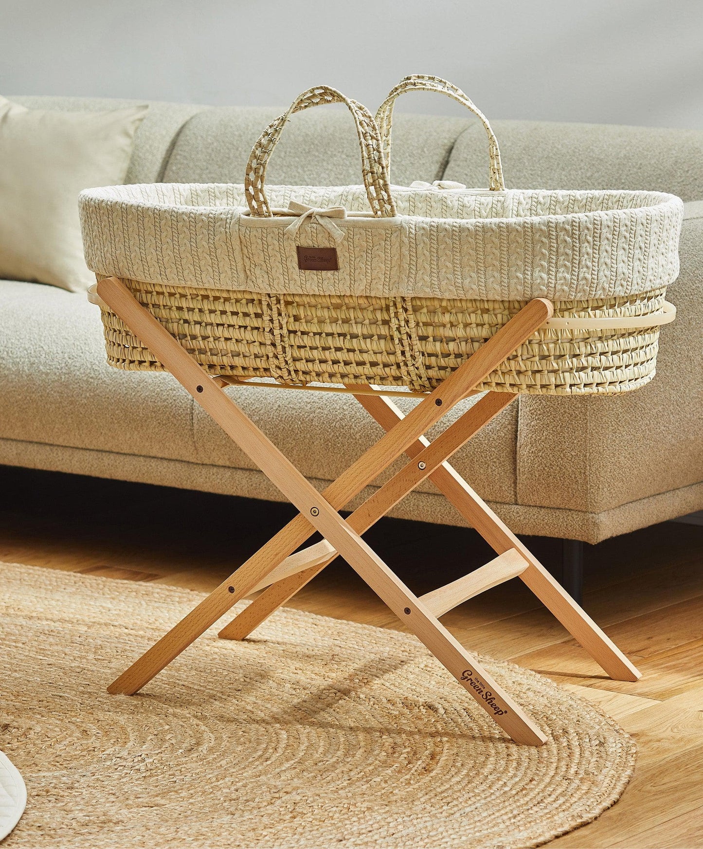 Little Green Sheep Knitted Moses Basket - Linen