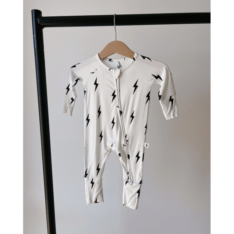 Forever French Baby Bamboo Zip Pajamas- White & Black Lightning Bolt