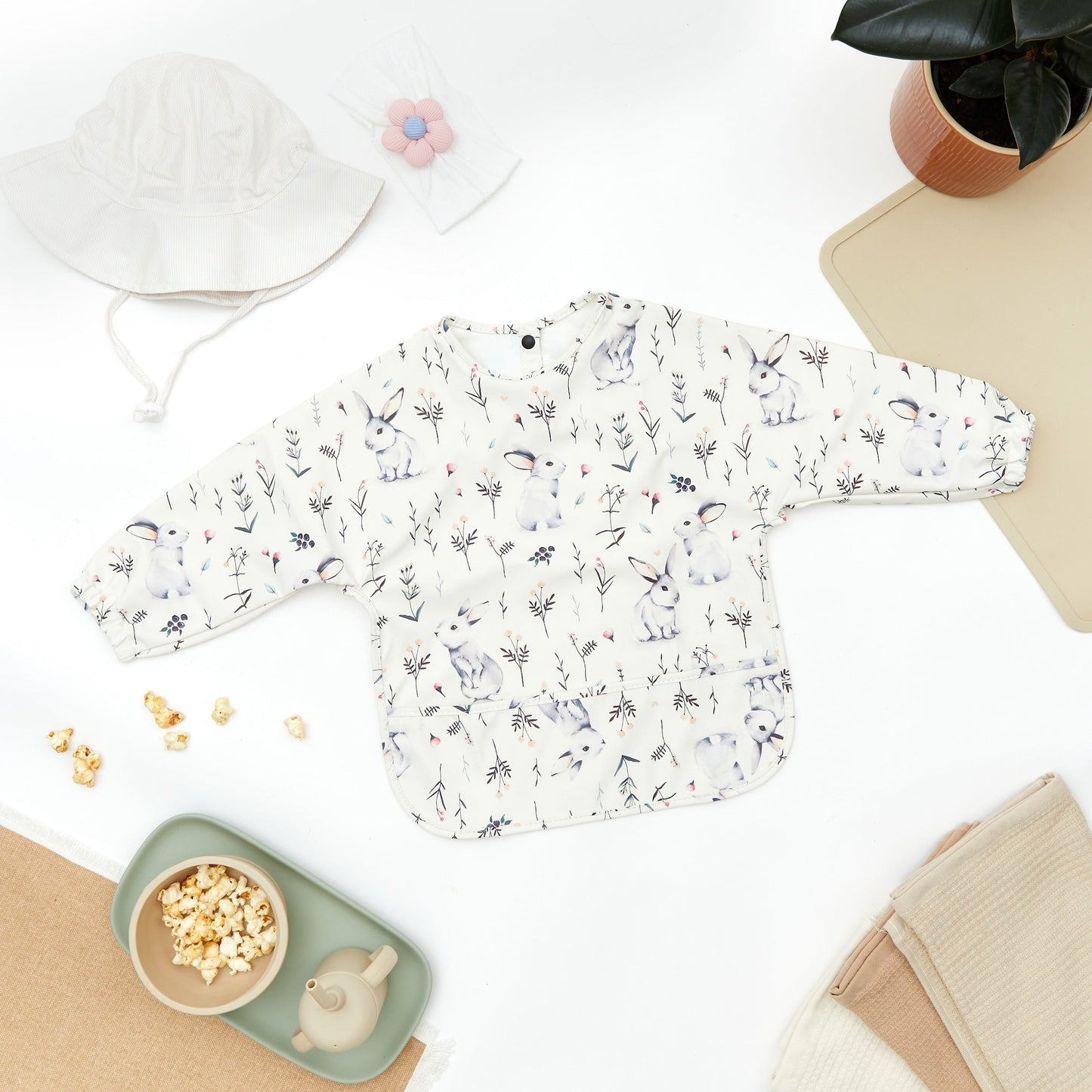 Waterproof Long Sleeve Baby Smock Bib in Bloom Bunnies