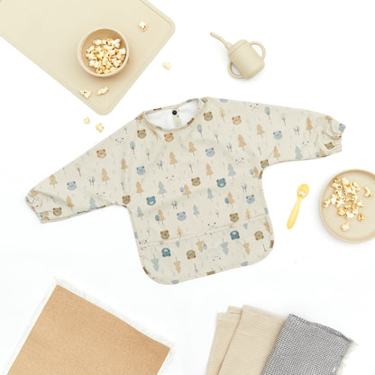 Waterproof Long Sleeve Baby Smock Bib in Woodland Cubs