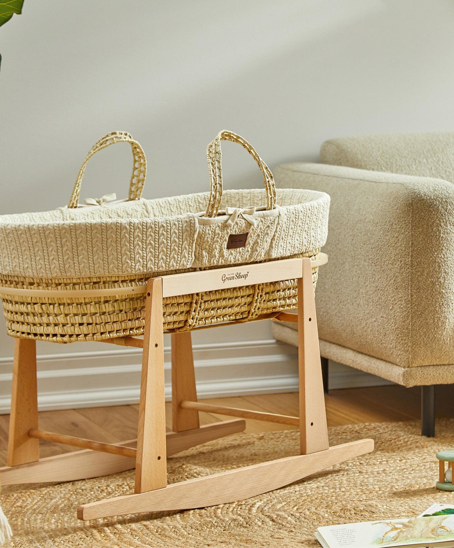 Little Green Sheep Knitted Moses Basket - Linen