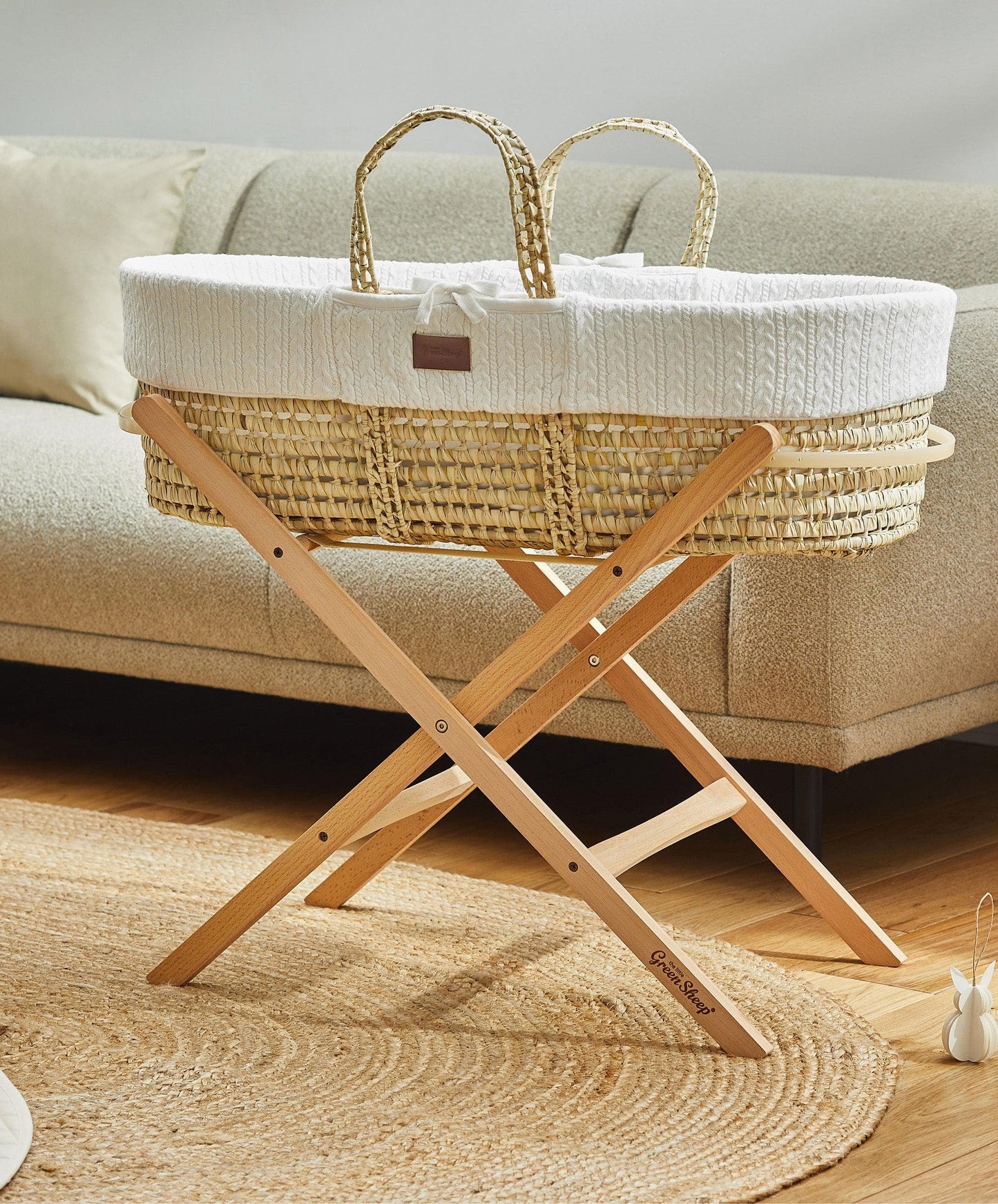 Little Green Sheep Knitted Moses Basket - White