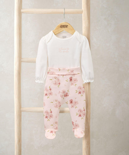 Embroidered Bodysuit & Floral Leggings Set (2 Pieces)  & Pink Bunny Comforter Gift Box