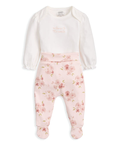 Embroidered Bodysuit & Floral Leggings Set (2 Pieces)  & Pink Bunny Comforter Gift Box