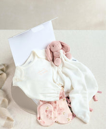Embroidered Bodysuit & Floral Leggings Set (2 Pieces)  & Pink Bunny Comforter Gift Box