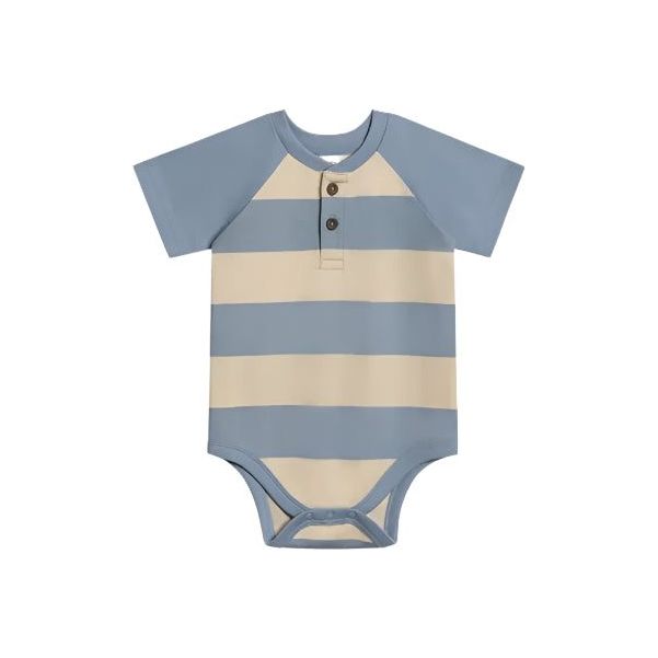Colored Organics Sosa Raglan Henley Bodysuit - Marco Stripe / Rain + Oat