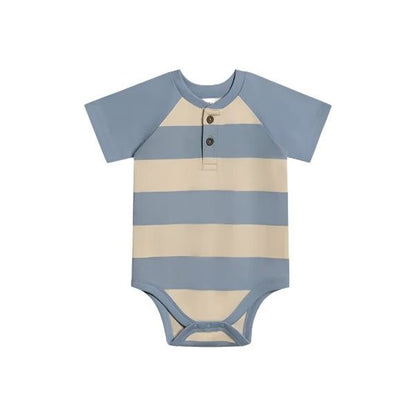 Colored Organics Sosa Raglan Henley Bodysuit - Marco Stripe / Rain + Oat