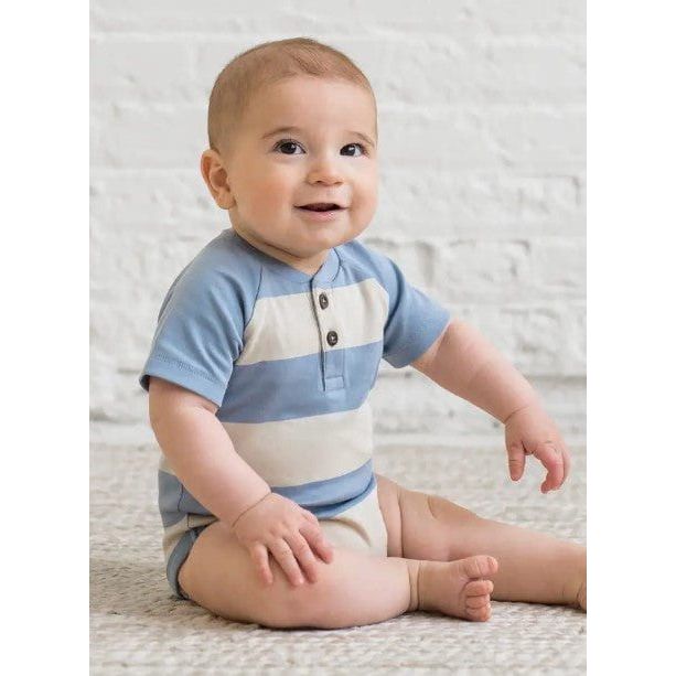 Colored Organics Sosa Raglan Henley Bodysuit - Marco Stripe / Rain + Oat